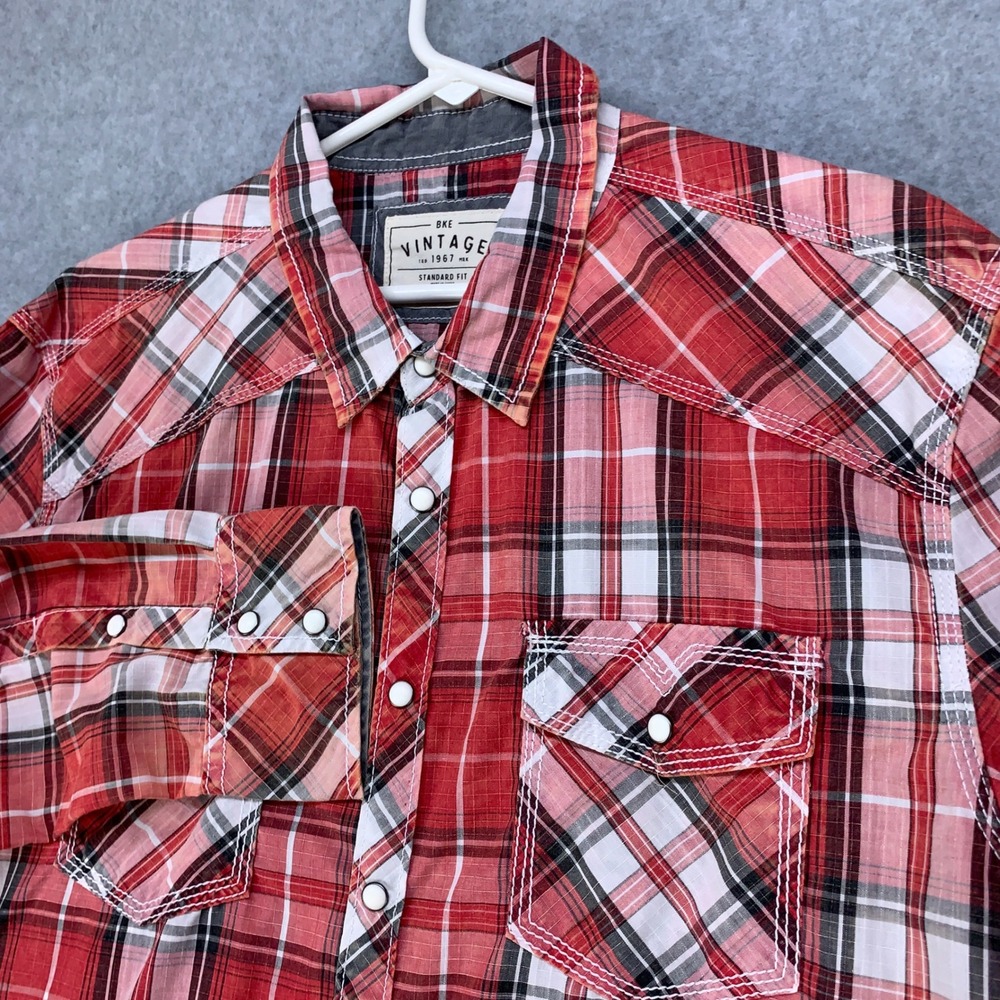 BKE Vintage Western Shirt Mens XL Red Plaid Pearl Snap Long Sleeve V284FPW